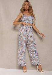 Niebieski Wiskozowy Komplet Boho Krótki Top na Ramiączkach Długie Spodnie z Nogawkami Palazzo Miteri. Niebieskie spodnie materiałowe damskie Renee, bez wzorów, z wiskozy, boho. Za 59.99 zł.