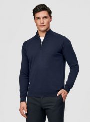 PAKO LORENTE – Granatowy sweter męski ze stójką. Niebieskie swetry męskie Pako Lorente, m, bez wzorów, z bawełny, bez kołnierzyka. Za 249.99 zł.