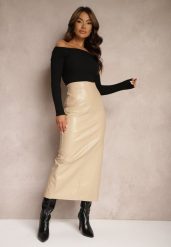 Beżowa Spódnica o Ołówkowym Kroju High Waist z Imitacji Skóry z Rozcięciem z Tyłu Eviauras. Brązowe spódniczki damskie Renee, s, bez wzorów, ze skóry, biznesowe, z podwyższonym stanem, maxi, koszulowe. Za 79.99 zł.