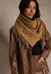 Jasnobrązowy Szalik w Kształcie Trójkąta z Frędzlami Vetifare. Brązowe szaliki i kominy damskie Renee, bez wzorów, z jeansu. Za 34.99 zł.