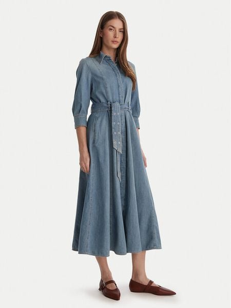 Marella Sukienka jeansowa Giambo 2613221024 Niebieski Regular Fit. Niebieskie sukienki damskie Marella, bez wzorów, z bawełny, bez kołnierzyka, bez ramiączek. Za 1,359.00 zł.