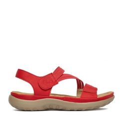 Sandały Rieker. Czerwone sandały damskie Rieker, bez wzorów, bez obcasa, na płaskiej podeszwie. Za 319.99 zł.