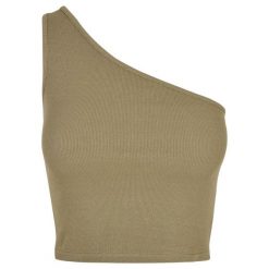 Damski krótki tank top Urban Classics Asymmetric GT. Zielone topy damskie Urban Classics, bez wzorów, z asymetrycznym kołnierzem. W wyprzedaży za 44.50 zł.