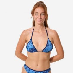 Góra kostiumu kąpielowego surfingowego damska Decathlon Mae Borneo. Niebieskie bikini damskie OLAIAN, bez wzorów. Za 29.99 zł.