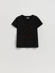T-shirt z drobnym haftem - czarny. Czarne t-shirty damskie Reserved, l, bez wzorów, z bawełny, bez kołnierzyka. Za 49.99 zł.