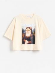 T-shirt z nadrukiem - kremowy. Białe koszulki dziewczęce Reserved, bez wzorów, z bawełny, bez ramiączek. Za 39.99 zł.
