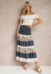 Granatowo-Biała Bawełniana Spódnica High Waist z Gumką w Talii i Ozdobną Koronką Tesaquin. Niebieskie spódniczki damskie Renee, na lato, l, bez wzorów, z bawełny, z podwyższonym stanem, maxi. Za 54.99 zł.