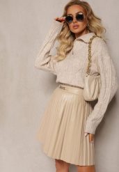 Beżowy Sweter z Dekoltem w Serek i Ozdobnym Splotem Travissa. Brązowe swetry klasyczne damskie Renee, ze splotem, bez kołnierzyka. Za 109.99 zł.