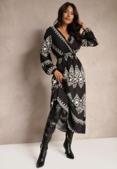 Czarna Wzorzysta Sukienka z Wiskozą o Kopertowym Kroju z Paskiem i Gumką w Talii Sagilaine. Czarne sukienki damskie Renee, na co dzień, l, bez wzorów, z wiskozy, eleganckie, bez kołnierzyka, bez ramiączek, maxi, kopertowe. W wyprzedaży za 76.99 zł.