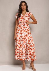 Pomarańczowa Rozkloszowana Sukienka Maxi w Kwiatowy Print z Gumką w Pasie Javiky. Brązowe sukienki damskie Renee, na imprezę, l, bez wzorów, z materiału, bez kołnierzyka, bez ramiączek, maxi, kopertowe. W wyprzedaży za 76.99 zł.