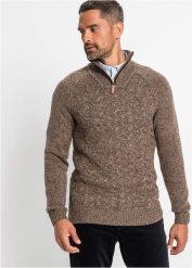 Sweter ze stójką z materiału z domieszką wełny. Brązowe swetry męskie bonprix, l, bez wzorów, z dzianiny, bez kołnierzyka. Za 137.99 zł.