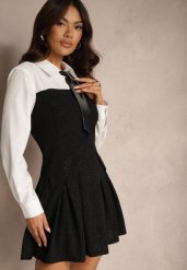 Czarna Rozkloszowana Sukienka Koszulowa Ozdobiona Brokatem i Krawatem Venithea. Czarne sukienki damskie Renee, na co dzień, l, z aplikacjami, eleganckie, bez kołnierzyka, bez ramiączek, mini, kopertowe. W wyprzedaży za 151.99 zł.
