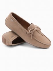 Buty mokasyny męskie skórzane z rzemykiem i podeszwą driver - beżowe V1 OM-FOCS-0150 - 44. Brązowe mokasyny męskie Ombre Clothing, na lato, z materiału. W wyprzedaży za 139.99 zł.