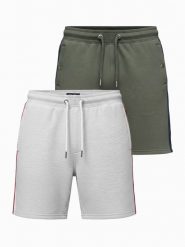 Set dwóch męskich szortów dresowych z lampasami - szary melanż/oliwkowe V1 - Rozmiar: S. Zielone szorty męskie Ombre Clothing, z aplikacjami, z bawełny, retro. Za 279.99 zł.