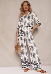 Biało-Granatowy Komplet z Wiskozy Zdobiony Printem Paisley Koszula i Spodnie Zolleva. Niebieskie koszule damskie Renee, z aplikacjami, z wiskozy, eleganckie. Za 74.99 zł.