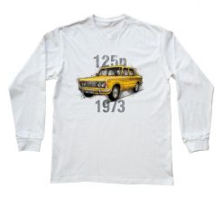 Fiat 125p — bluzka z długim rękawem (Rozmiar: 7 - 8 lat; Kolor koszulki: biały; Rodzaj nadruku: Fiat 125p). Białe bluzki damskie nikiniki, m, bez wzorów, z bawełny, biznesowe, bez kołnierzyka, bez ramiączek. Za 69.00 zł.