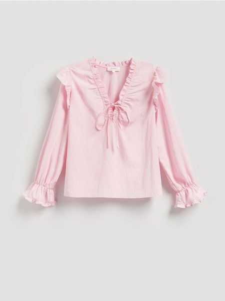 Koszula z falbanami - pastelowy róż. Czerwone koszule damskie Reserved, l, bez wzorów, z tkaniny, bez kołnierzyka, bez ramiączek. Za 159.99 zł.