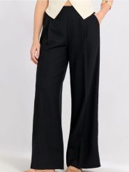 Spodnie wide leg w kant z domieszką lnu - czarny. Czarne spodnie materiałowe damskie Sinsay, bez wzorów, z materiału. Za 49.99 zł.