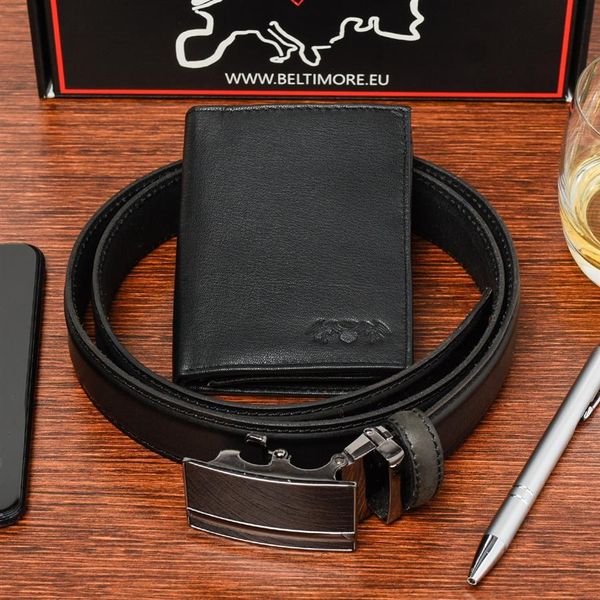 Zestaw męski skórzany portfel pasek duży Beltimore U86. Czarne paski męskie bez wzorów. Za 124.90 zł.