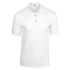 Koszulka polo z dżerseju Gildan Dryblend. Białe koszulki polo męskie Gildan, m, bez wzorów, z bawełny, bez ramiączek. Za 52.30 zł.