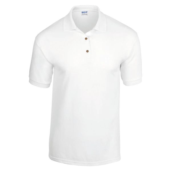 Koszulka polo z dżerseju Gildan Dryblend. Białe koszulki polo męskie Gildan, xl, bez wzorów, z bawełny, bez ramiączek. Za 58.50 zł.