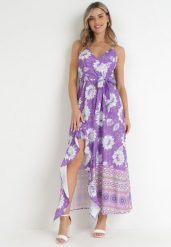 Fioletowa Sukienka Maxi na Cienkich Ramiączkach i Materiałowym Paskiem Adakila. Fioletowe sukienki damskie Born2be, l, bez wzorów, z materiału, eleganckie, bez kołnierzyka, bez ramiączek, maxi. W wyprzedaży za 63.99 zł.