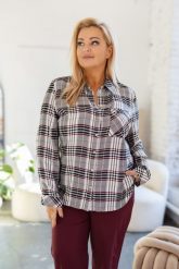 Elegancka szara zapinana koszula z długim rękawem w kratkę PLUS SIZE XXL. Szare koszule damskie Nasi partnerzy, plus size, bez wzorów, z tkaniny, eleganckie, bez kołnierzyka, plus size, bez ramiączek. Za 229.90 zł.