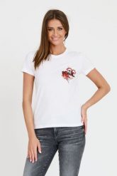 KARL LAGERFELD Biały t-shirt ikonik lny. Białe t-shirty damskie Karl Lagerfeld, xs, bez wzorów, bez kołnierzyka. W wyprzedaży za 279.99 zł.