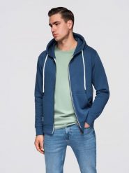 Bluza męska bawełniana dresowa BASIC rozpinana z kapturem - granatowa V4. Niebieskie bluzy z kapturem męskie Ombre Clothing, m, z bawełny. W wyprzedaży za 118.99 zł.