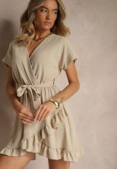 Beżowa Sukienka o Rozkloszowanym Kroju z Paskiem i Falbanami Addea. Brązowe sukienki damskie Renee, bez wzorów, eleganckie, bez kołnierzyka, bez ramiączek, mini, rozkloszowane. W wyprzedaży za 59.49 zł.