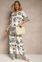 Czarno-Beżowy Wiskozowy Komplet w Orientalny Print Szerokie Spodnie i T-shirt Pollialia. Czarne spodnie materiałowe damskie Renee, z aplikacjami, z wiskozy. Za 74.99 zł.