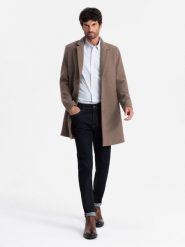 Elegancki jednorzędowy męski płaszcz z wełną – brązowy V1 OM-COWC-0114 - XXL. Brązowe płaszcze męskie Ombre Clothing, na zimę, l, bez wzorów, z poliesteru, eleganckie. Za 371.99 zł.
