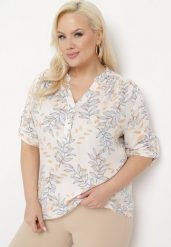 Beżowa Bluzka Wiskozowa we Florystyczny Print Zapinana na Guziki Banarda. Brązowe bluzki damskie Born2be, xl, bez wzorów, z wiskozy, bez kołnierzyka, bez ramiączek. Za 39.99 zł.