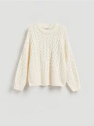Sweter z warkoczowym splotem - złamana biel. Swetry klasyczne damskie Reserved, l, z dzianiny, bez kołnierzyka. Za 139.99 zł.