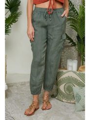 Lin Passion Lniane spodnie w kolorze khaki rozmiar: 34/36. Brązowe spodnie materiałowe damskie Lin Passion, bez wzorów, ze lnu, klasyczne, z standardowym stanem. Za 121.99 zł.