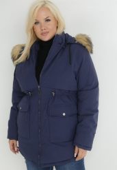 Granatowa Kurtka Parka z Futrem Uruewa. Niebieskie kurtki damskie Born2be, xl, bez wzorów, z futra. Za 179.99 zł.