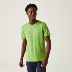 Koszulka sportowa męska Breezed IV Graphic Print. Zielone t-shirty sportowe męskie Regatta, m, z bawełny, bez ramiączek, trekkingowe. W wyprzedaży za 59.99 zł.