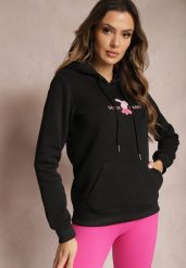Czarna Ocieplona Bluza z Kapturem Ozdobiona Naszywką i Napisem Eirellia. Czarne bluzy z kapturem damskie Renee, l, z dzianiny. Za 79.99 zł.