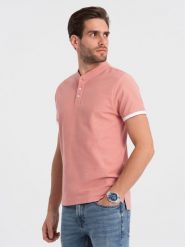 Męska koszulka polo bez kołnierzyka - różowa V7 OM-TSCT-0156 - XXL. Czerwone koszulki polo męskie Ombre Clothing, l, bez wzorów, z bawełny, bez ramiączek. W wyprzedaży za 39.99 zł.