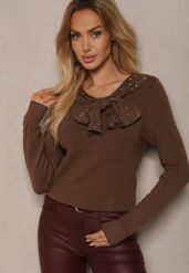 Ciemnobrązowy Sweter z Prążkowanej Dzianiny z Wiskozą Ozdobiony Cyrkoniami i Wiązaniem Tintorinae. Brązowe swetry klasyczne damskie Renee, s, z dzianiny, bez kołnierzyka. Za 79.99 zł.