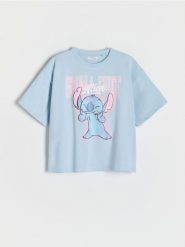 Bawełniany t-shirt Lilo i Stitch - jasnoniebieski. Niebieskie koszulki dziewczęce Reserved, bez wzorów, z bawełny, bez ramiączek. Za 55.99 zł.
