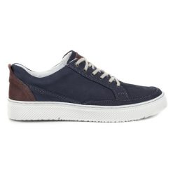 Olivier Buty Męskie skórzane Sneakers 950MA granatowe niebieskie. Niebieskie buty sportowe na co dzień męskie na jesień, z jeansu, bez zapięcia. Za 351.82 zł.