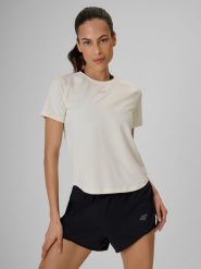 4F Koszulka treningowa regular szybkoschnąca damska - biała L. Białe bluzki damskie 4f, l, bez wzorów, z materiału, bez kołnierzyka, bez ramiączek. Za 99.99 zł.