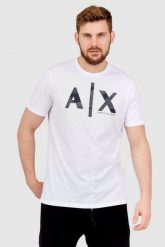 ARMANI EXCHANGE Biały t-shirt męski z szarym logo. Białe t-shirty męskie Armani Exchange, l, bez wzorów, prążkowane, bez kołnierzyka. W wyprzedaży za 199.99 zł.