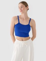 4F Crop top slim damski - niebieski L. Niebieskie topy damskie 4f, l, bez wzorów, z bawełny, bez kołnierzyka. W wyprzedaży za 29.99 zł.