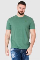 GUESS Zielony t-shirt męski z trójkątnym logo. Zielone t-shirty męskie Guess, m, z aplikacjami, bez kołnierzyka. W wyprzedaży za 109.99 zł.