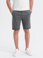 Męskie krótkie spodenki na gumce ze strukturalnej dzianiny – grafitowe V3 OM-SRCS-0177 - XXL. Szare szorty męskie Ombre Clothing, z bawełny, bez kołnierzyka. W wyprzedaży za 109.99 zł.