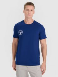 4F T-shirt regular z nadrukiem męski - granatowy S. Niebieskie t-shirty męskie 4f, m, bez wzorów, z bawełny, bez kołnierzyka. Za 49.99 zł.