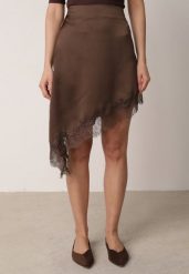 Brązowa Satynowa Spódnica o Asymetrycznym Kroju z Koronką Arlivia. Brązowe spódniczki damskie Born2be, l, bez wzorów, z koronki, eleganckie, mini, asymetryczne. Za 119.99 zł.