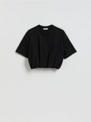 Krótki t-shirt z marszczeniem - czarny. Czarne t-shirty damskie Reserved, l, bez wzorów, z bawełny, bez kołnierzyka. Za 49.99 zł.